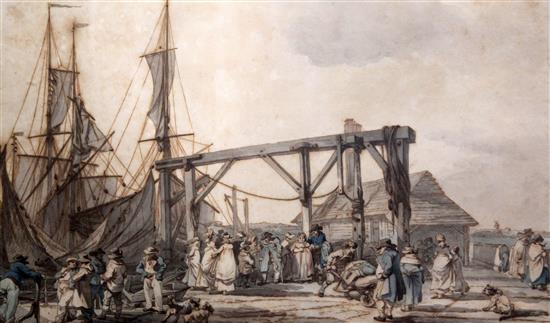 Philip James de Loutherbourg (1740-1812) Margate Jetty, arrival of The Hough 11 x 18.75in.